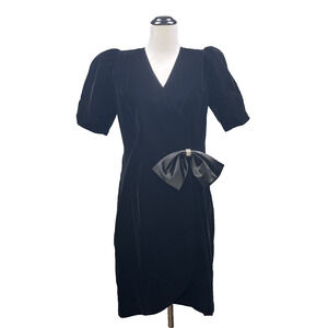 Vtg 80s Cachet Bari Protas 11/12 Black Velvet Puff Slv Wrap Dress Bow Rhinestone